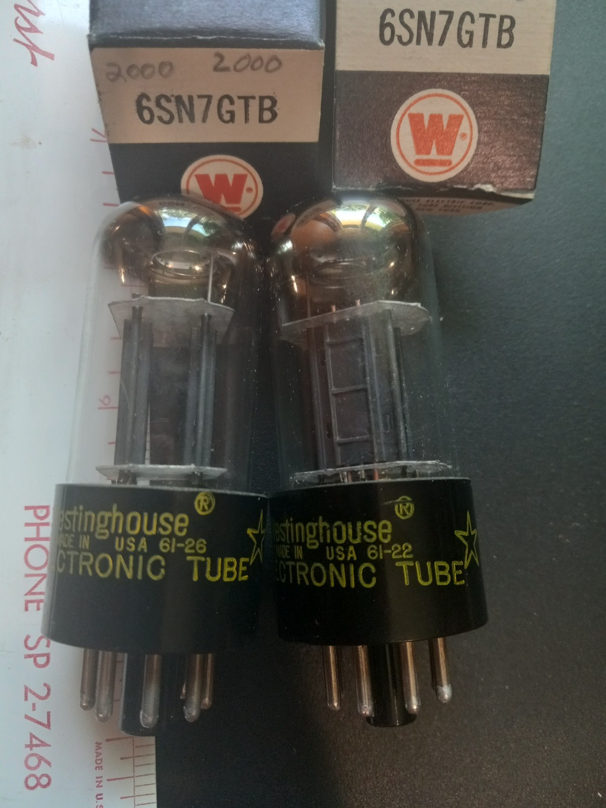 NOS Pair WESTINGHOUSE 6SN7GTB Tubes, 1961, 2 Hole Black Plates, Closely Matched