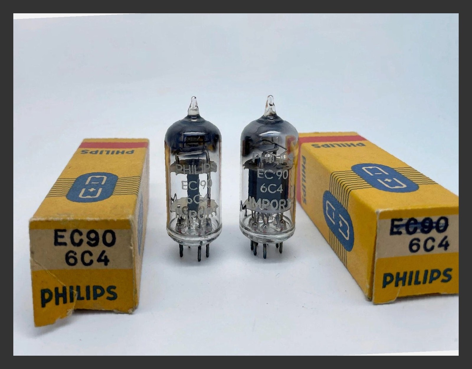 2 NOS Philips Mullard 6C4 EC90 Strong Test Square Getter Box Plates Vacuum Tubes