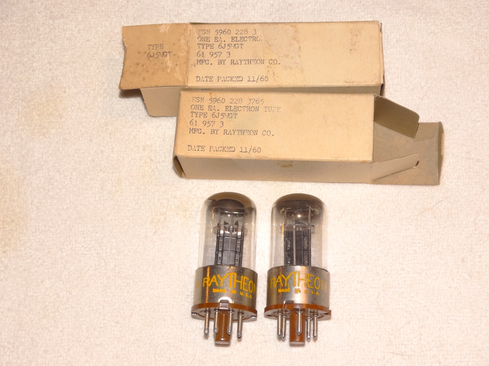 2 x 6J5gt Raytheon Tubes*Super Strong Matched Pair*Support Rods*NOS-NIB*1961*#5