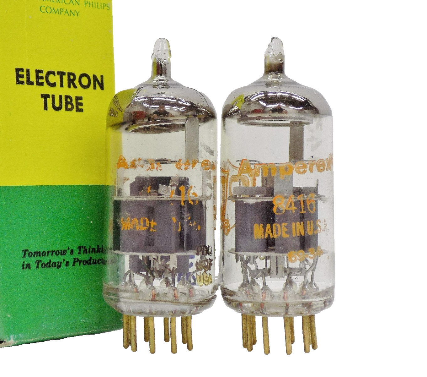 Nice Tested Pair of Vintage Amperex (USA) 8416 “PQ” Gold Pin Audio Vacuum Tubes