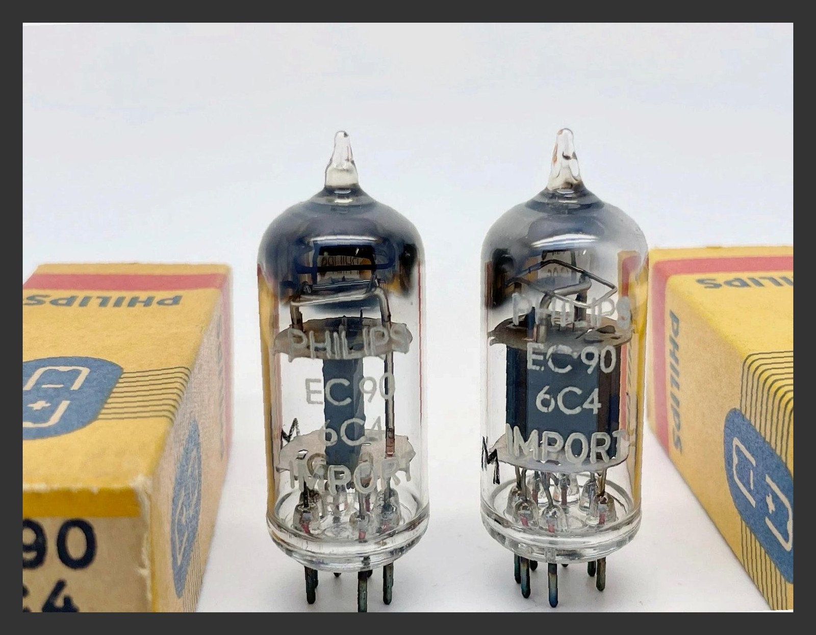 2 NOS Philips Mullard 6C4 EC90 Strong Test Square Getter Box Plates Vacuum Tubes