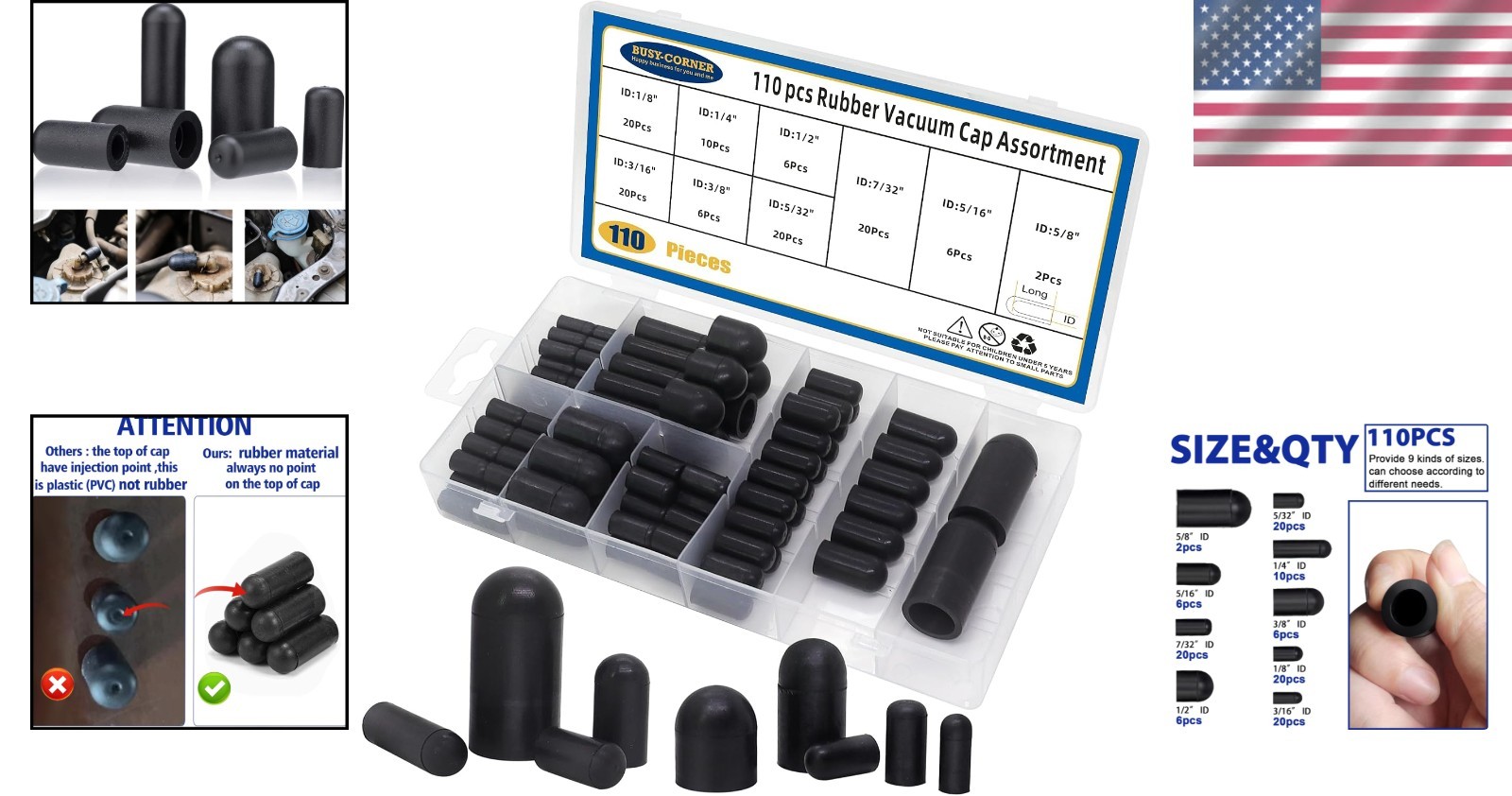 Versatile 110 PCS Rubber Vacuum Caps – Twist-on Closure, 9 Size Options