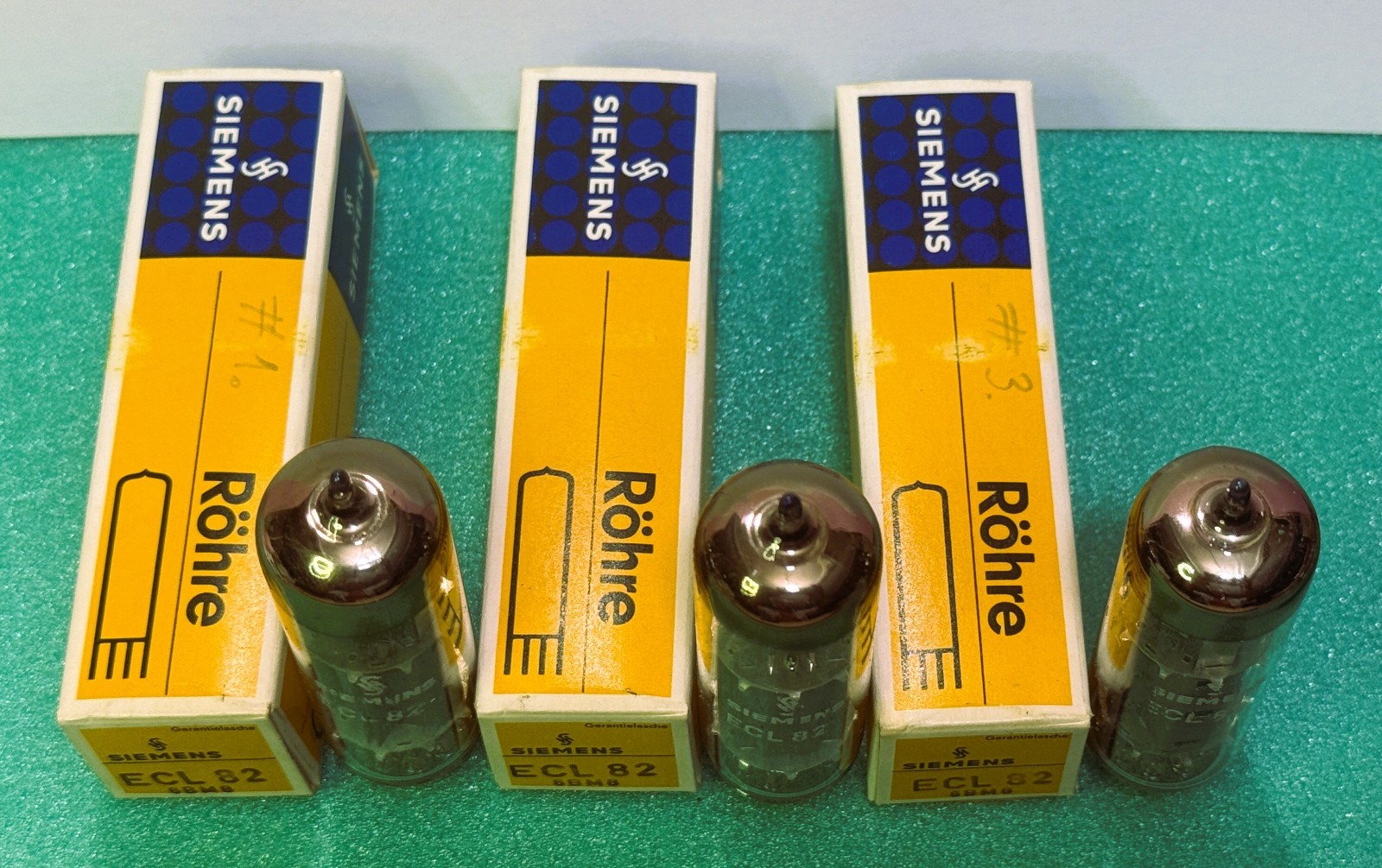 3 x ECL82 Telefunken NOS labeled Siemens, gm matched pair + 1, same batch code
