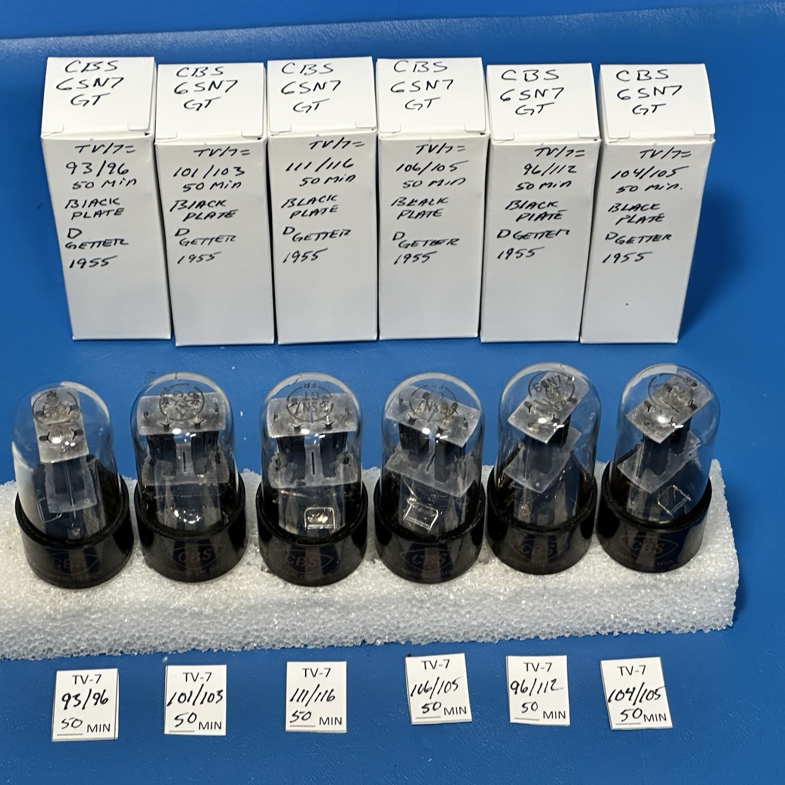 SIX 1955 CBS 6SN7GT BLACK PLATE D GETTER TUBES ALL TESTED OVER 100%