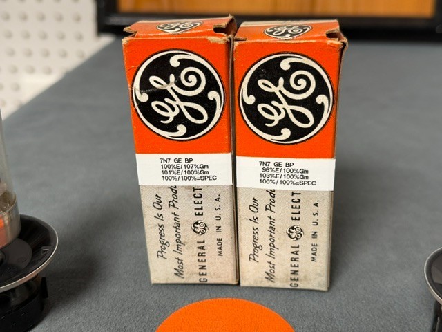 Matched Pair of GE 7N7 Loctal Black Plate Tubes – NOS – NIB – 100% GM – See Pics