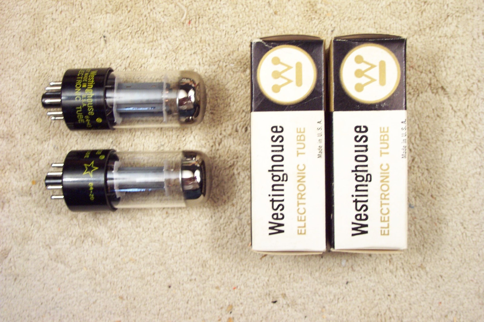 2, NEW, Westinghouse 6SN7GTB, TALL bottle, 1964, matching pair, 6SN7GT