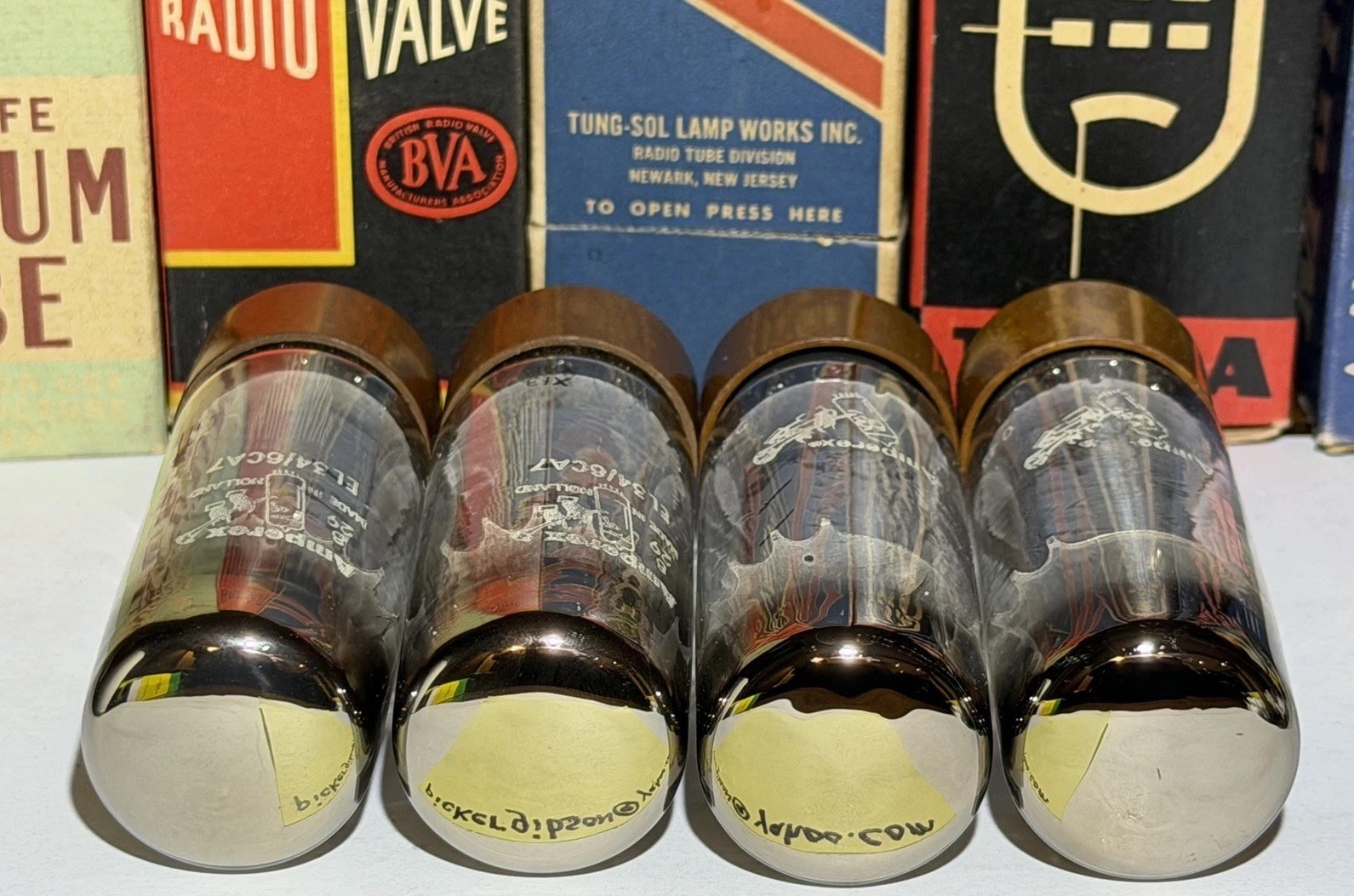 QUAD EL34 6CA7 Amperex Bugle Boy Tubes “DD” Getters TV7 Tested NOS @ 50,52,52,51