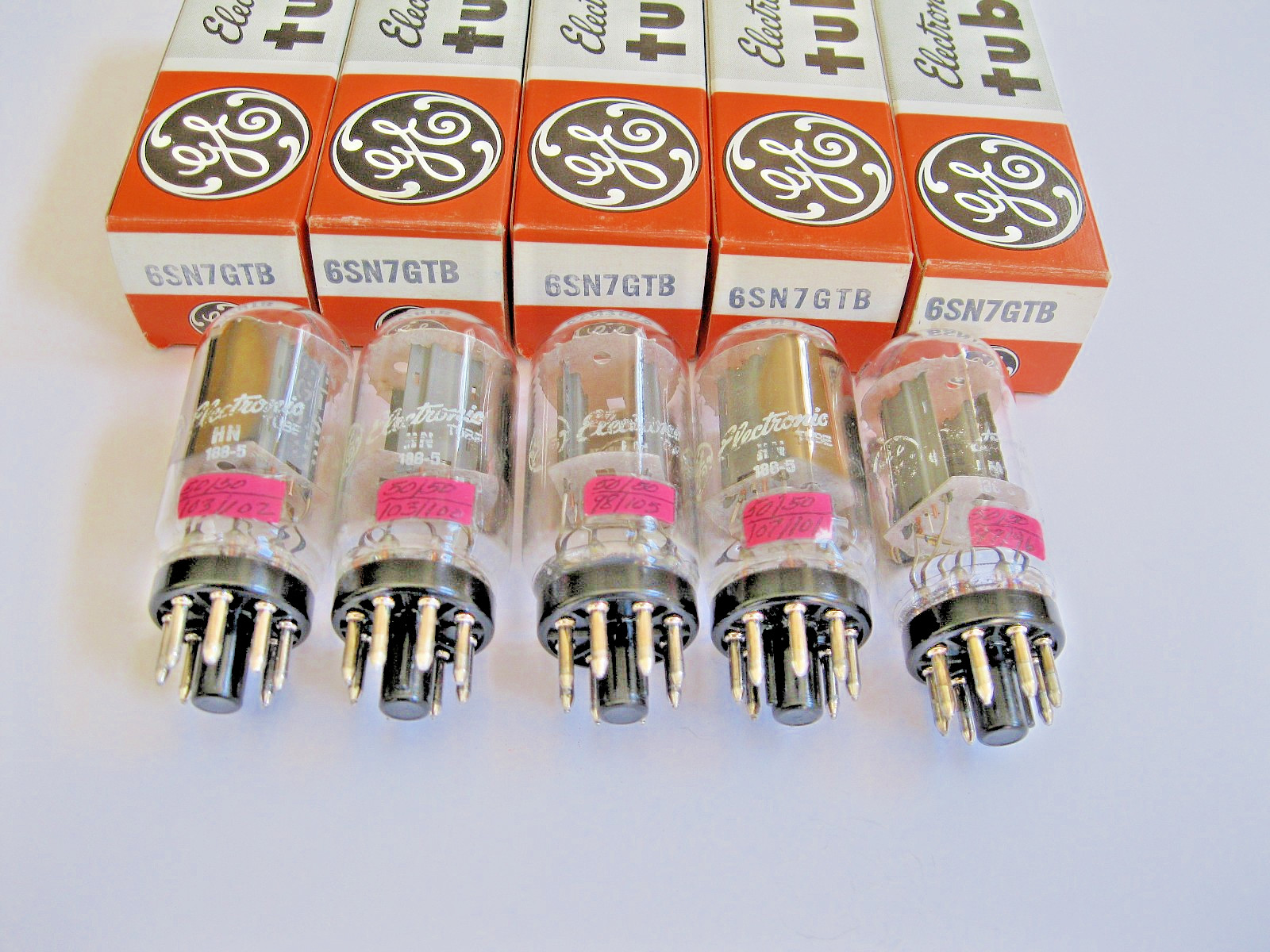 NEW 5 GE 6SN7GTB/6SN7 VACUUM TUBES GLOW TOPS COIN BASE MATCHED DATE TV-7 TESTED.