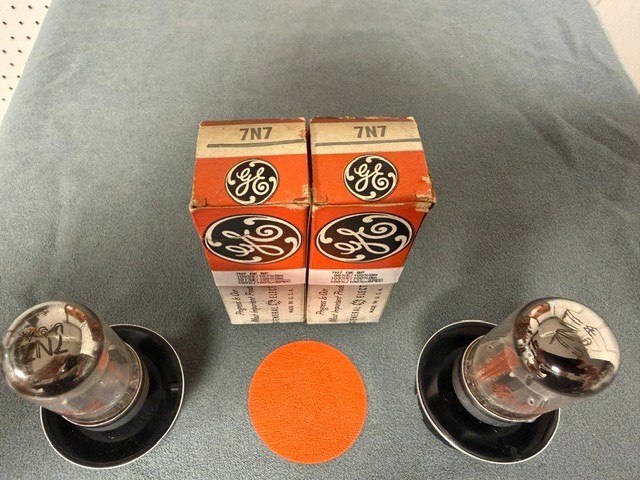 Matched Pair of GE 7N7 Loctal Black Plate Tubes – NOS – NIB – 100% GM – See Pics