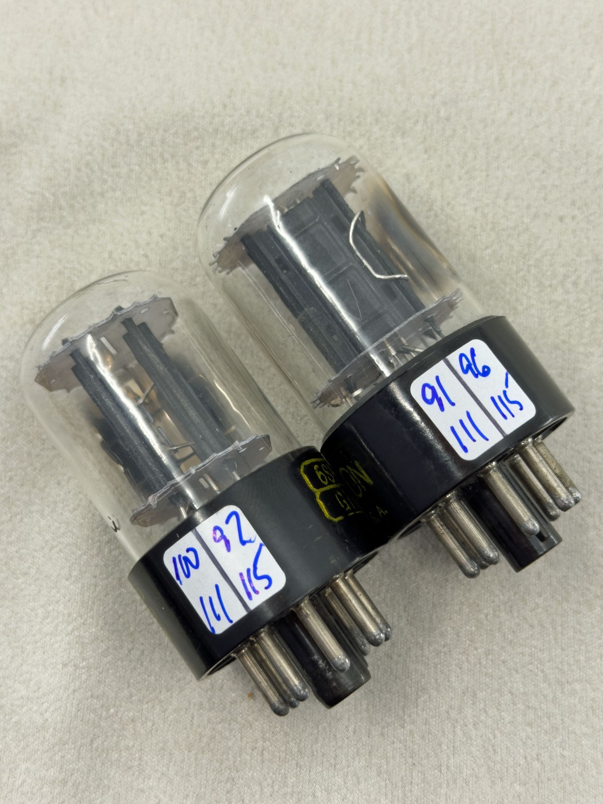 (2) Raytheon 6SN7GTB Tubes Black Plates Side Getters Tests Strong Amplitrex