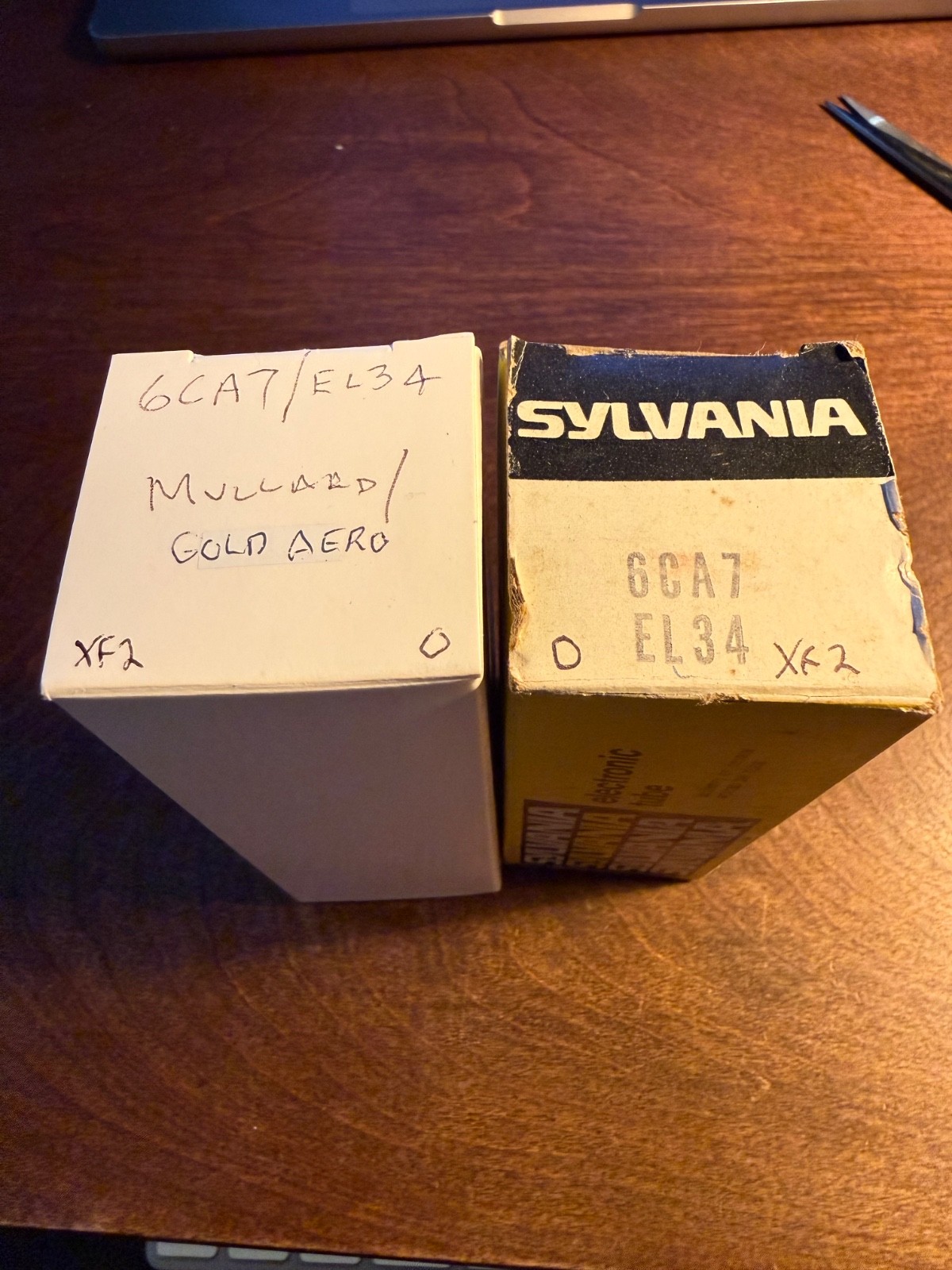 EL34/6CA7 Matched Pair Mullard made for Valvo and Sylvania, XF2, XF4 single halo