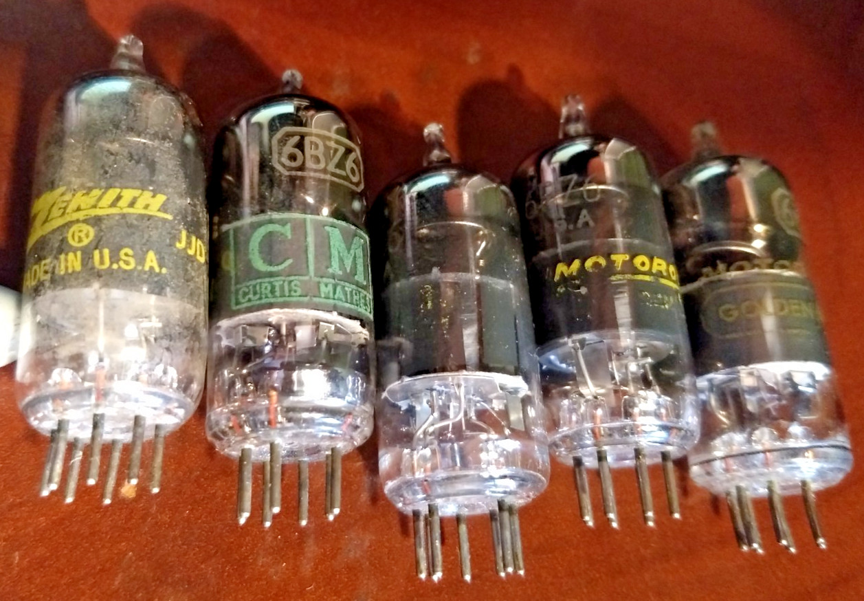 Four (5) 12BZ6 CM GOLDEN MOTOROLA vintage vacuum tubes made in USA black plates