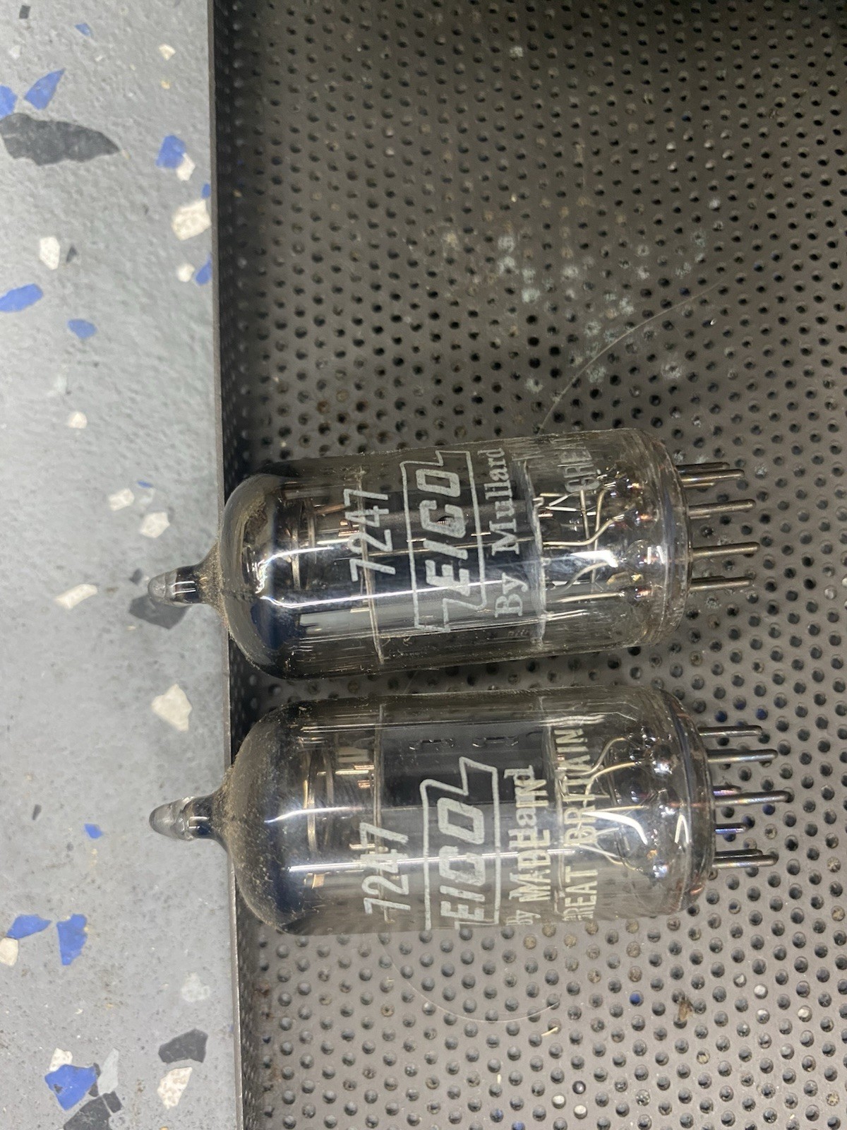 A Pair of Strong EICO/ MULLARD Short Gray Plate O Getter 7247 / 12DW7 Tubes
