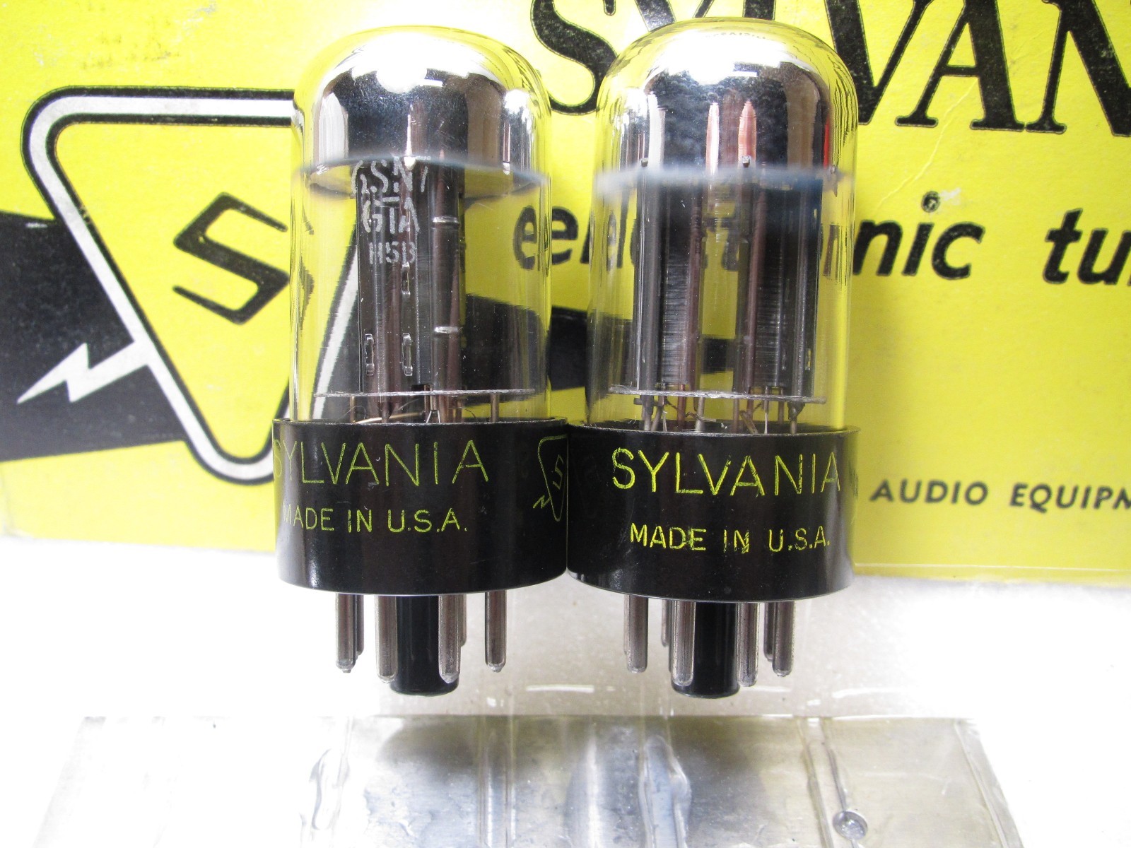 6SN7 GTB NOS SYLVANIA YELLOW LABEL PLATINUM MATCHED PAIR SHORT BOTTLE TV7
