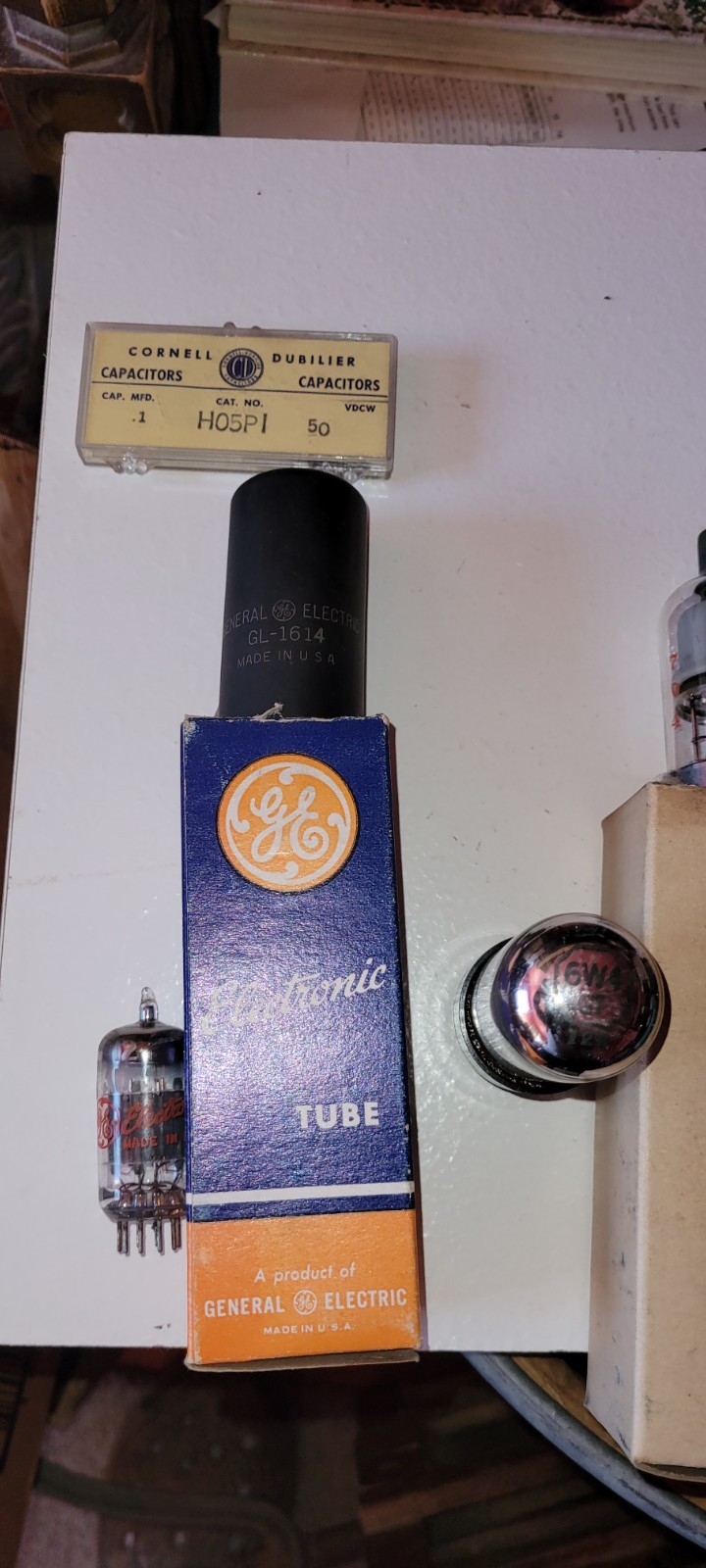 (8)vintage NOS radio/TV tubes Sylvania, GE and GENERAL ELECTRONICS + capacitors