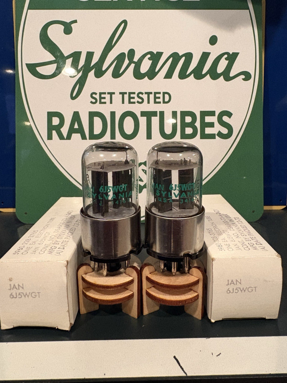 Match Pair 1973 JAN Sylvania 6J5WGT BLACK V PLATE Tubes 539C Tested NOS NIB 🔈