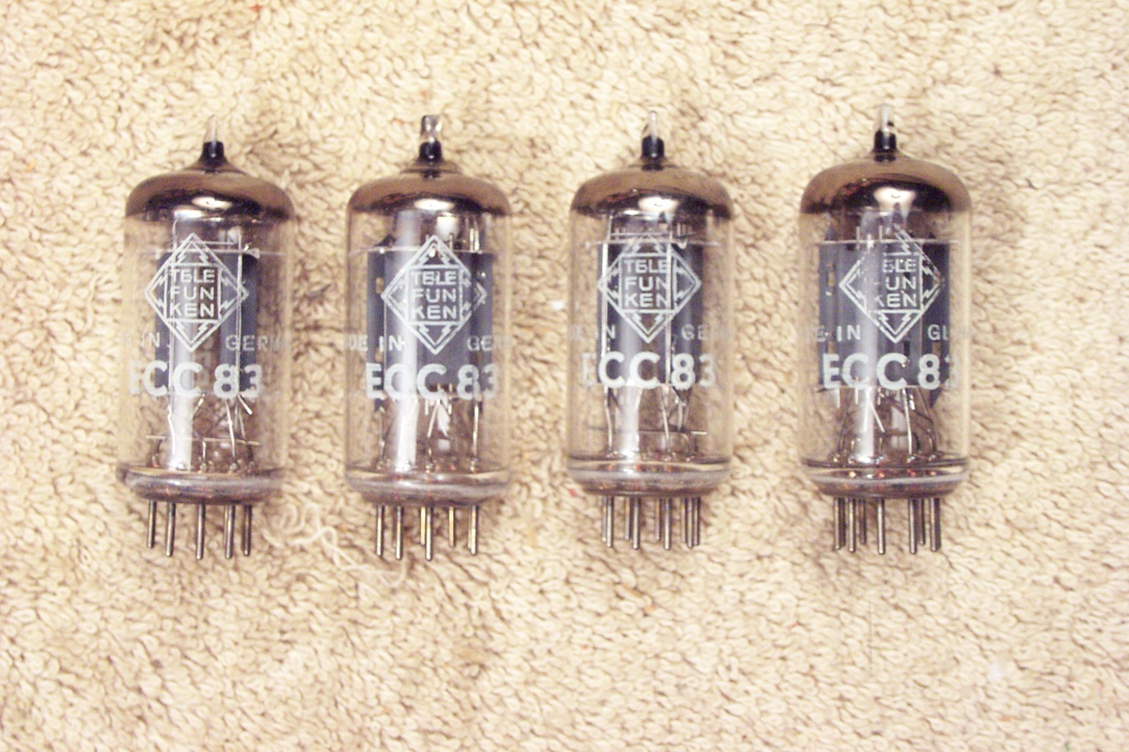 Four, Telefunken 12AX7 ECC83, long, ribbed plate, match date quad, 1960