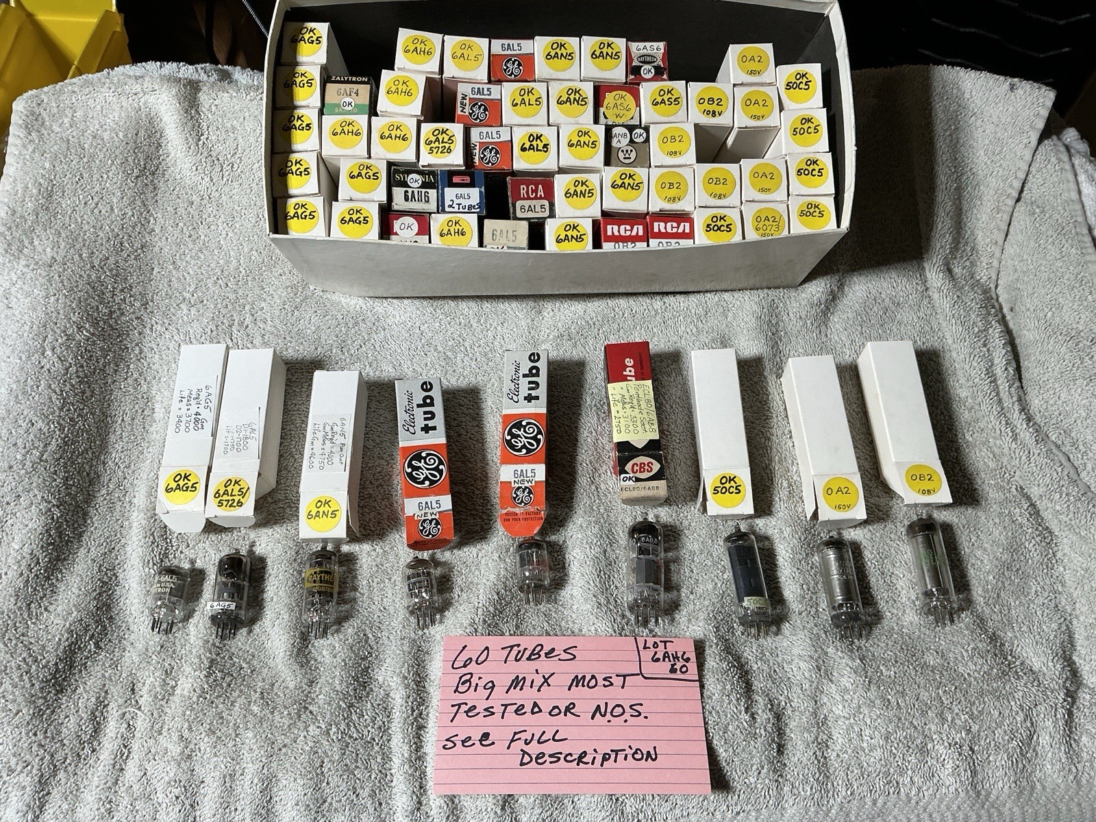 Lot Of 60 Radio Audio Vacuum Tubes 0A2 0B2 6AN5 6AL5 6AH6 6AG5 MOST TESTED RCA +