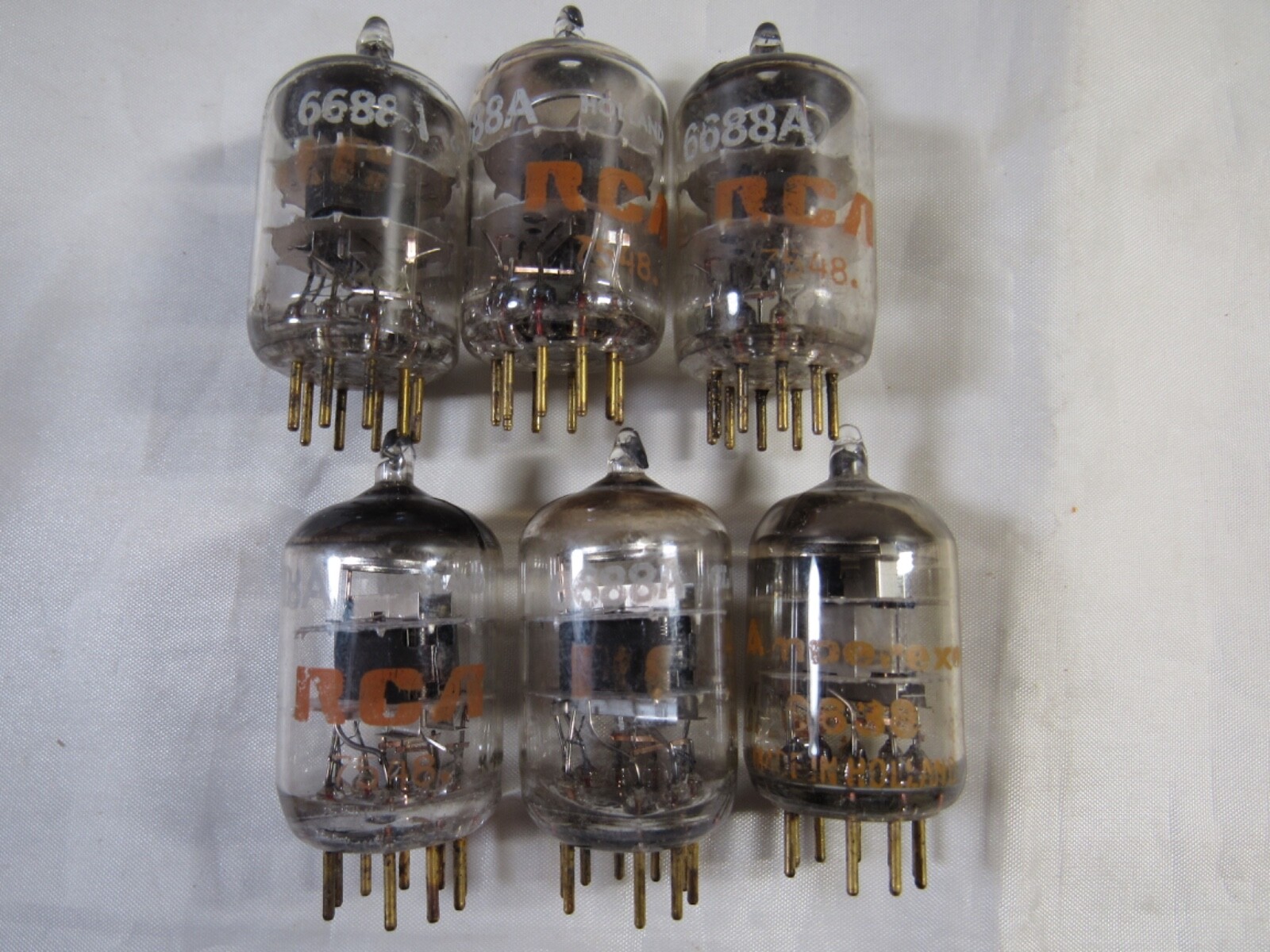 6 Pcs Electron Tubes 6688 tested Gold Pins Holland, Britain 5 x RCA 1 x Amperex