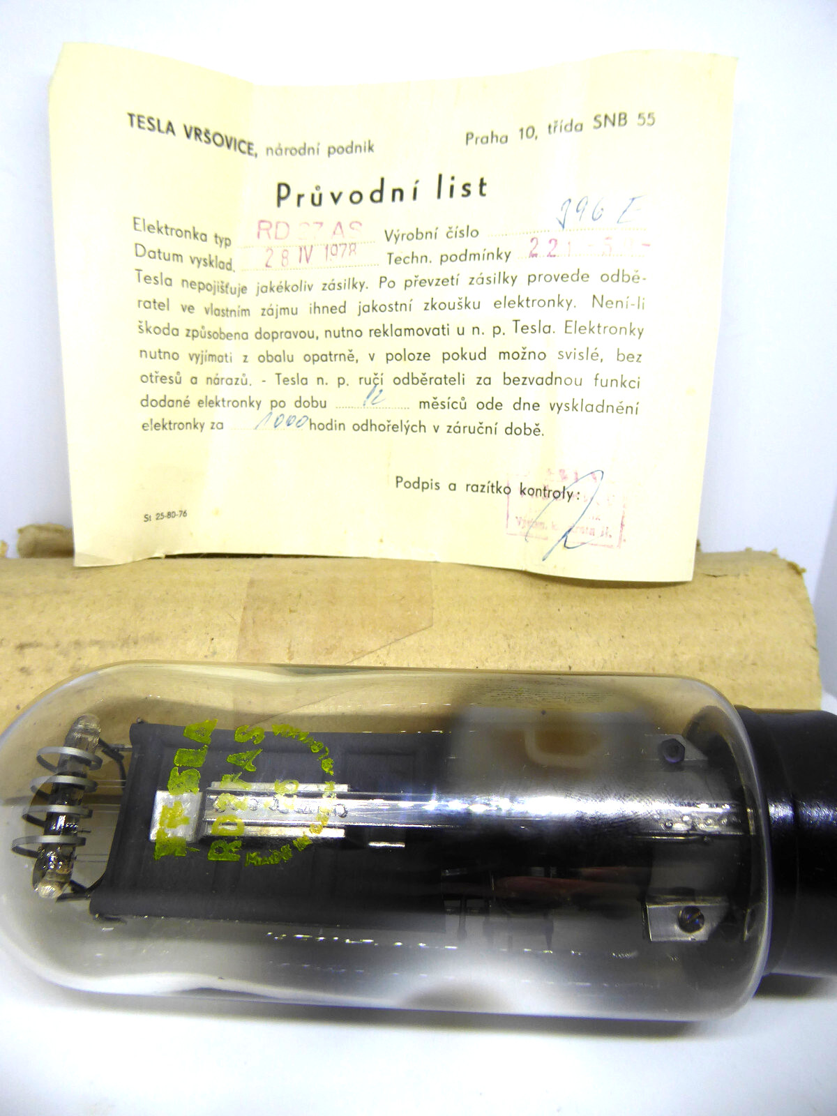 1x TESLA RD27AS (PX25 CV1040 P27/500) Marconi TRIODE, D-GETTER, 95%