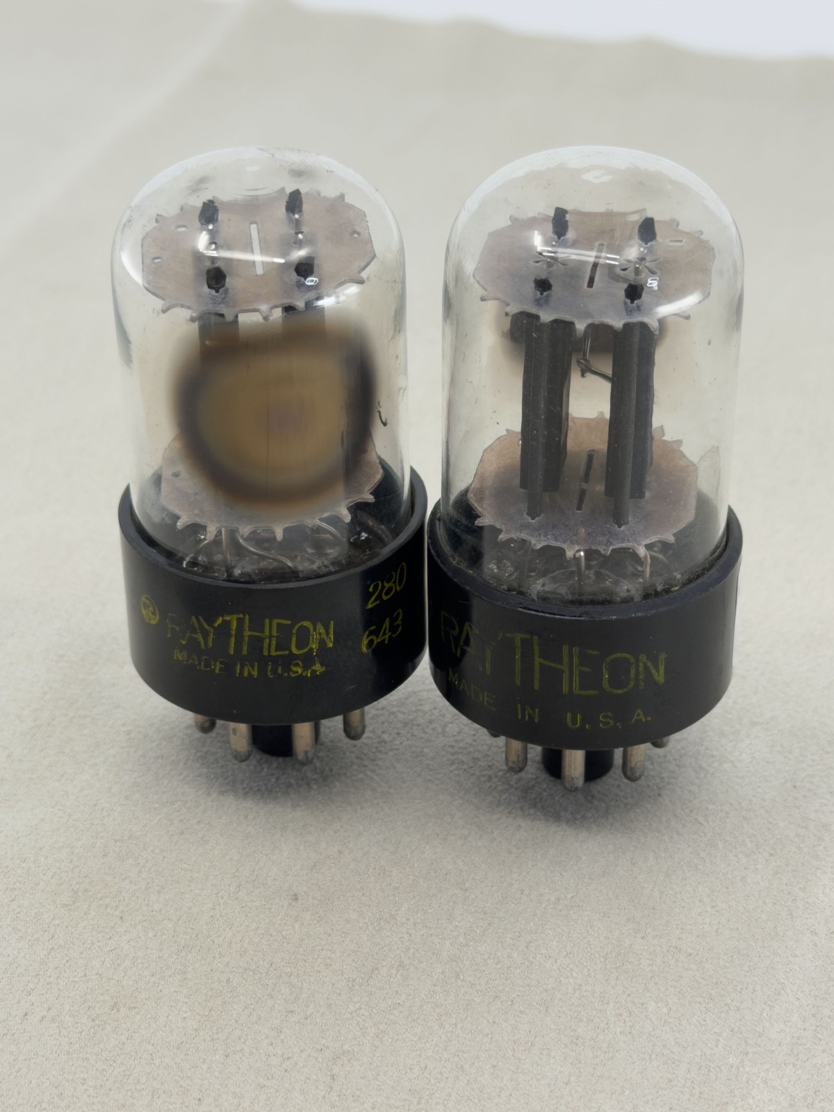 (2) Raytheon 6SN7GTB Tubes Black Plates Side Getters Tests Strong Amplitrex
