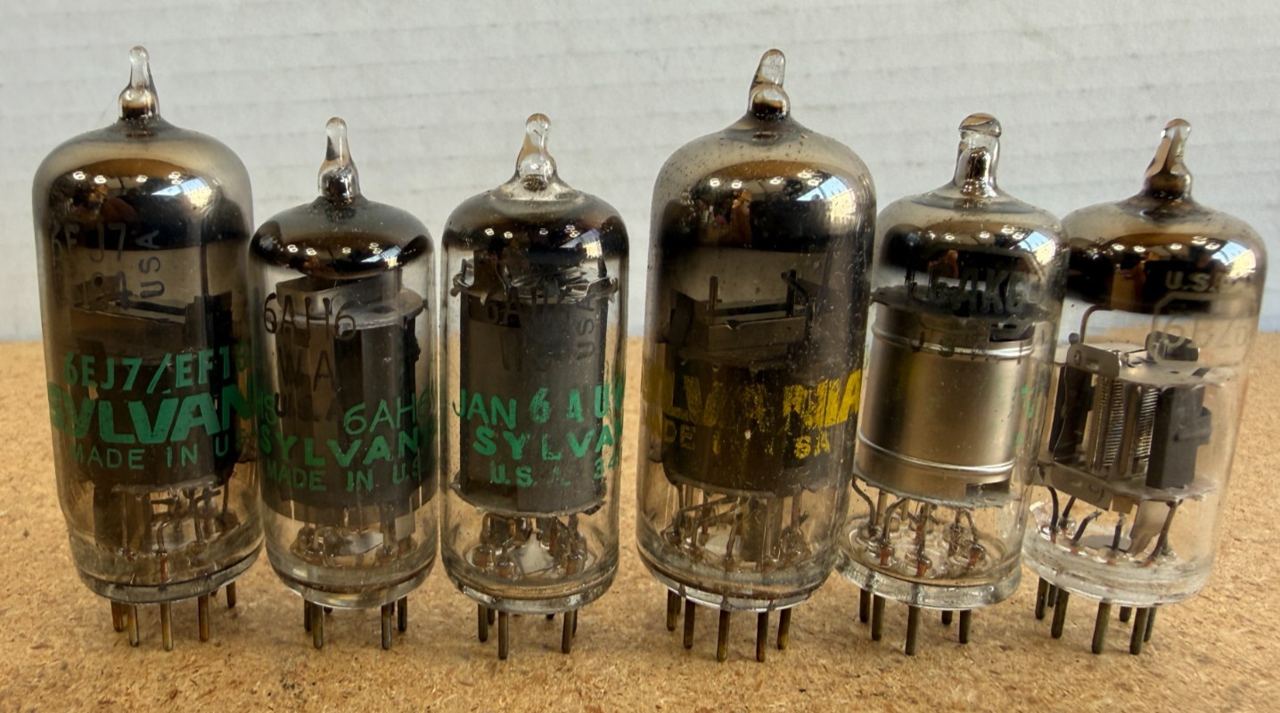 Lot of 6 Mixed Lot of Sylvania Vacuum Tubes 6EJ7, 6AH6, 6AU6, 6AK6, 6BZ6