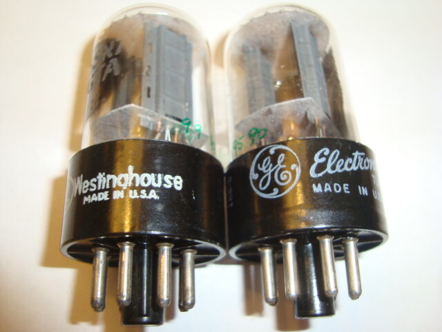 Pair of Early 6SN7GTA Tubes, GE, One Labelled Westinghouse