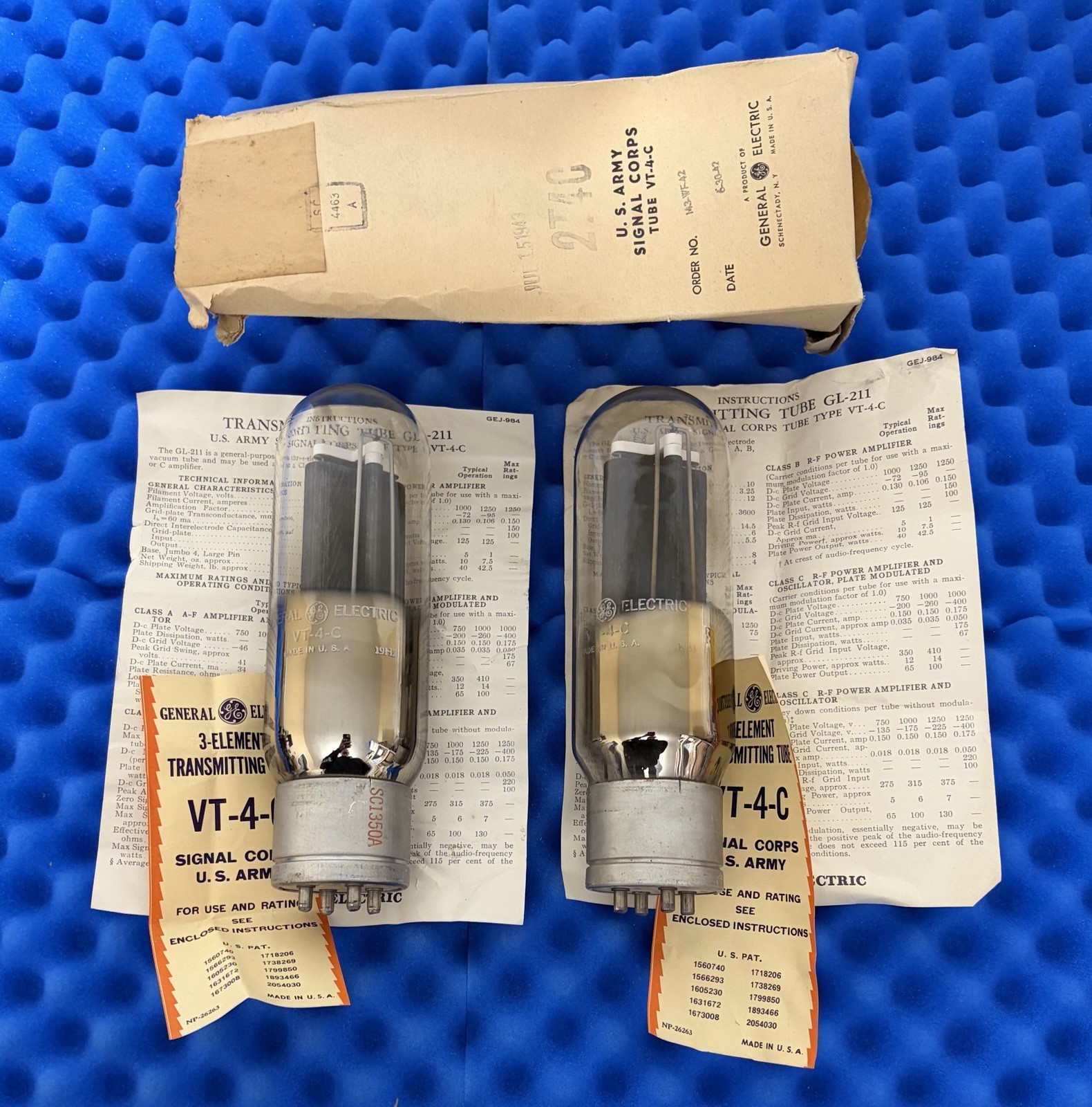 TWO GE VT-4-C Tubes / Matched Within 1% Gm / Amplitrex Tested +100% / 211 / 1940